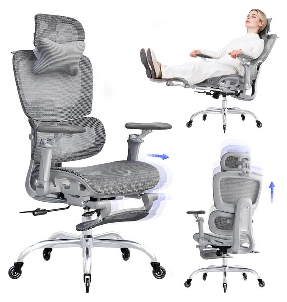 Sedia da ufficio ergonomica in mesh con poggiapiedi, colore grigio