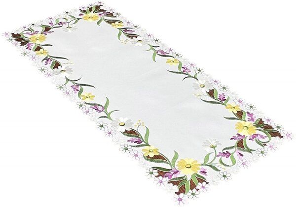 Tovaglia bianca con delicato ricamo di fiori primaverili Larghezza: 40 cm | Lunghezza: 85 cm