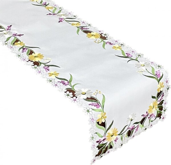 Tovaglia bianca con delicato ricamo di fiori primaverili Larghezza: 40 cm | Lunghezza: 85 cm