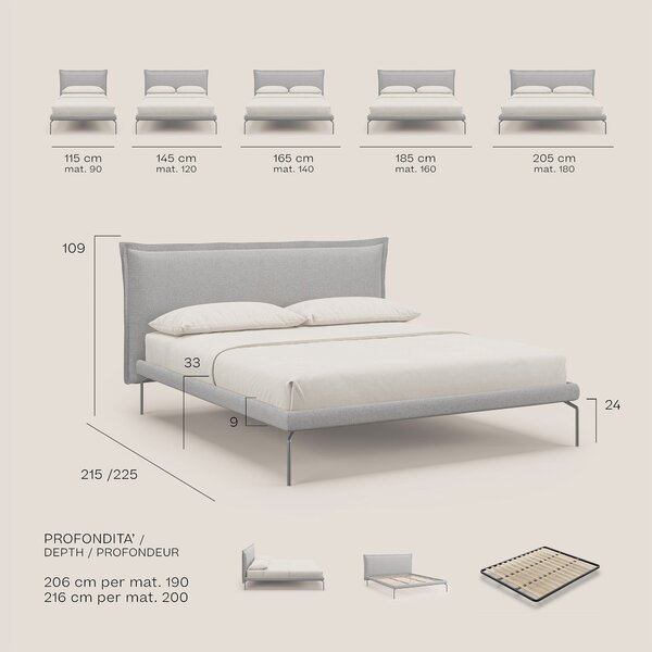 Eric letto imbottito design minimal in morbido tessuto impermeabile T1