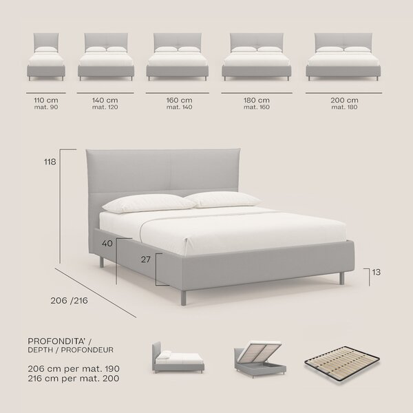 Izumi letto imbottito contenitore con piedi alti in tessuto smacchiabi