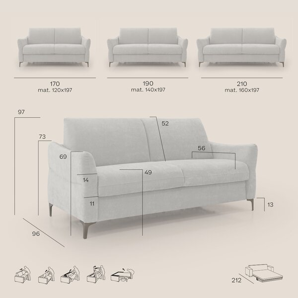Dalia divano letto con materasso H18 cm e piedi alti in raffinato tess