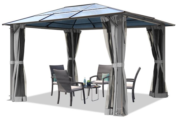 TOOLPORT Gazebo da giardino 3x3,65 m tetto di policarbonato da ca. 6 mm con teli laterali e zanzariere in grigio