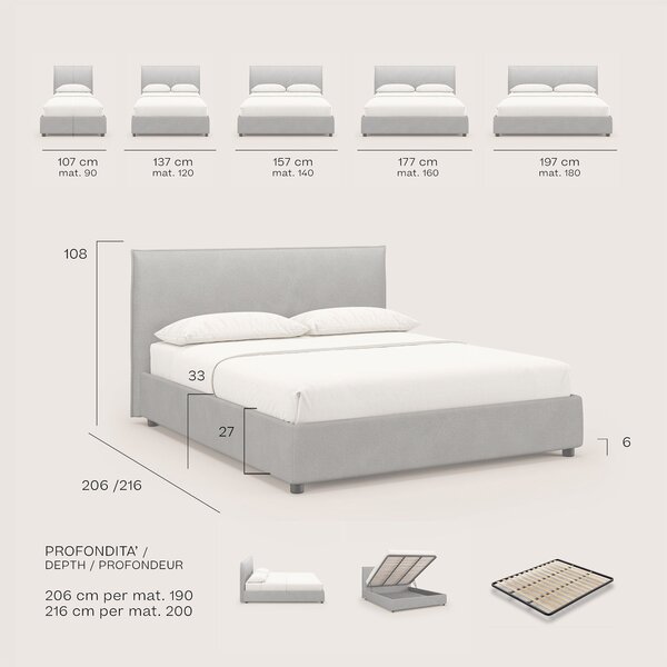 Nina letto contenitore dal design minimal in microfibra effetto pelle