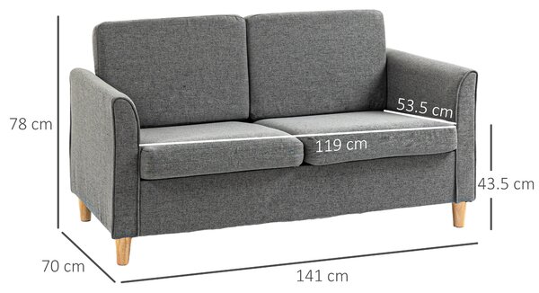 HOMCOM Divano 2 Posti Piccolo in Lino con Gambe in Legno e Fodere dei Cuscini Rimovibili, Grigio Chiaro|Aosom