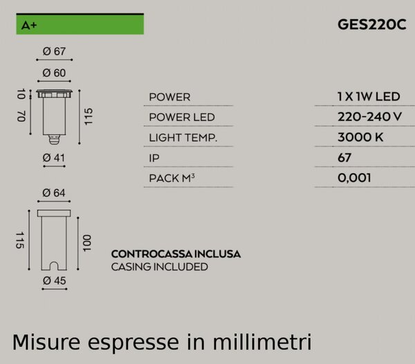 Faretto incasso acciaio gea led shally ges220c 3000k ip67 modulo led 1w incasso terra tondo calpestabile esterno - Gea Led