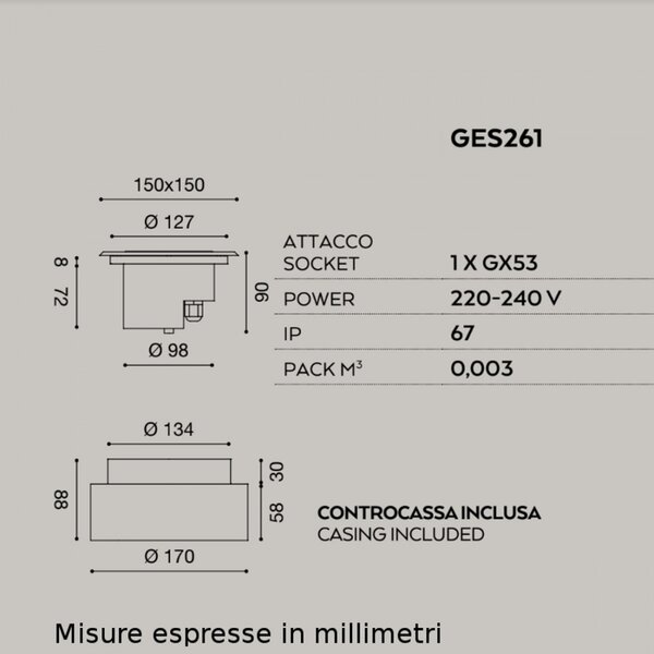 Faretto incasso acciaio gea led skeiron ges261 led ip67 spot terra quadrato calpestabile esterno gx53 - Gea Led