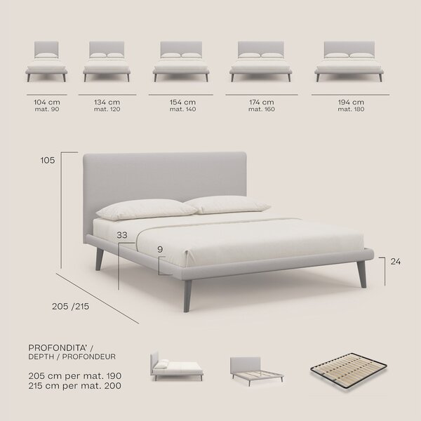 Noel letto minimal scandinavo con piedi in mogano e tessuto fiammato i