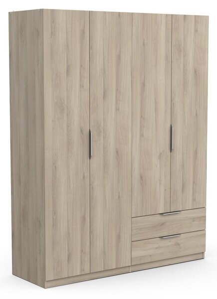 Armadio, 4 ante, 5 ripiani, 2 cassetti, in legno di quercia, dimensioni 157,3 x 51,1 x 203 cm