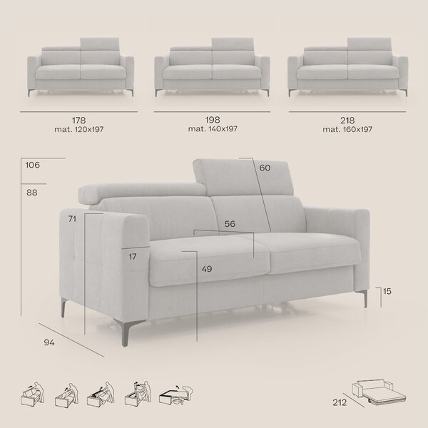 Gardenia divano letto materasso alto 18 cm con poggiatesta reclinabili