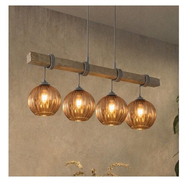 Brilagi - Lampadario sospeso su cavo WOOD GLASS 4xE27/60W/230V pino/grigio/marrone fumé