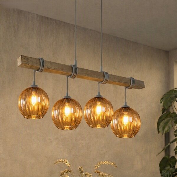 Brilagi - Lampadario sospeso su cavo WOOD GLASS 4xE27/60W/230V pino/grigio/marrone fumé
