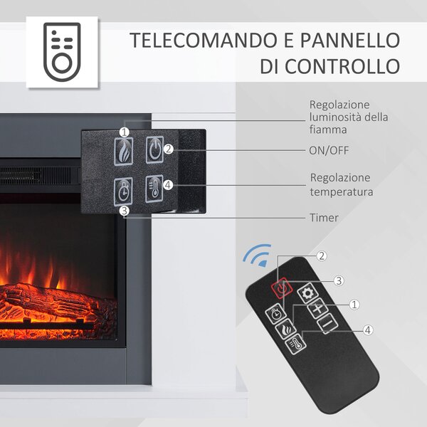 HOMCOM Camino Elettrico a Parete con LED Effetto Fiamma e Timer, Copertura 37m², 2000W - Bianco