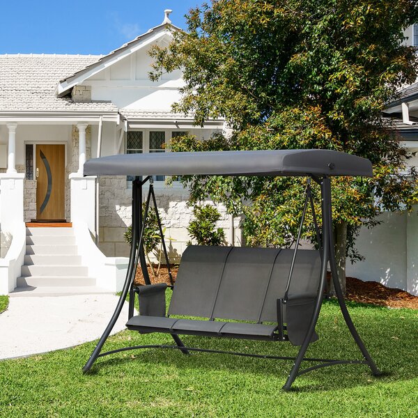 Outsunny Dondolo da Giardino Robusto 3 Posti con Tettuccio Regolabile e Tasche, Dondolo da Esterno in Texteline e Metallo, Grigio Scuro | Aosom Italy