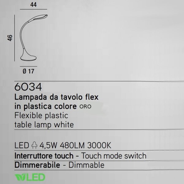 Abat-jour classica perenz sonagli 6034 or led lampada scrivania flessibile oro dimmerabile touch - Perenz