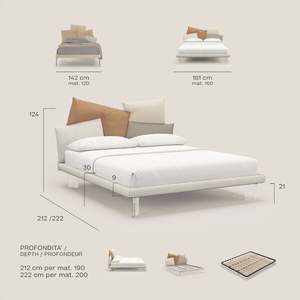 Rebus letto imbottito dal design moderno con piedi trasparenti in plex