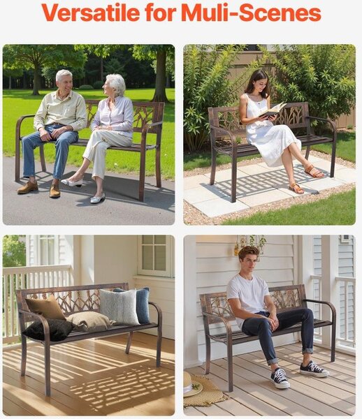 Panca da giardino 127cm - Panche da giardino con portata 250kg - Panca da giardino con struttura Acciaio al carbonio - Panca da balcone con motivo floreale in PVC - Braccioli con bordi arrotondati - Bronzo antico