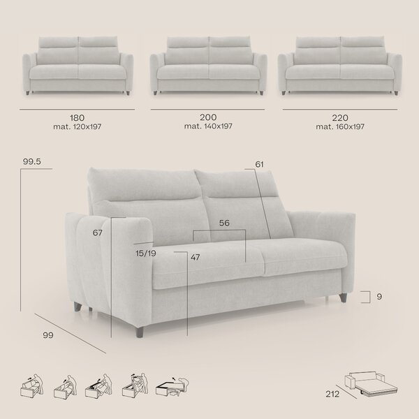 Peonia divano letto scandinavo con materasso H18 cm e morbido e alto s