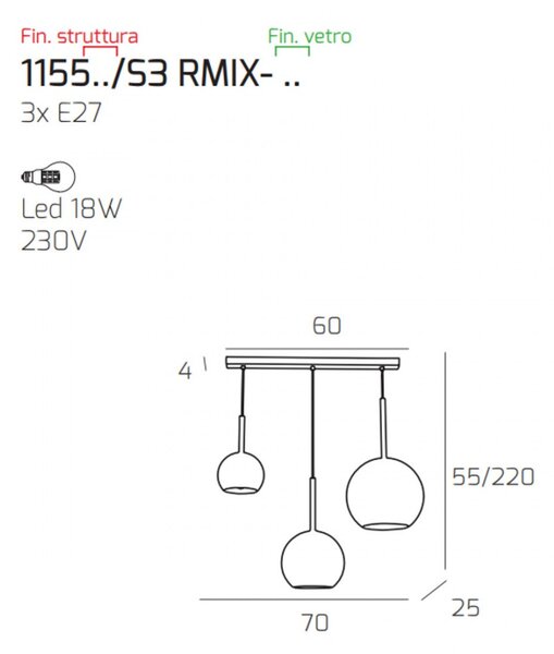 Lampadario moderno top light future 1155cr s3 rmix tc e27 led vetro pirex soffiato sospensione - Top Light