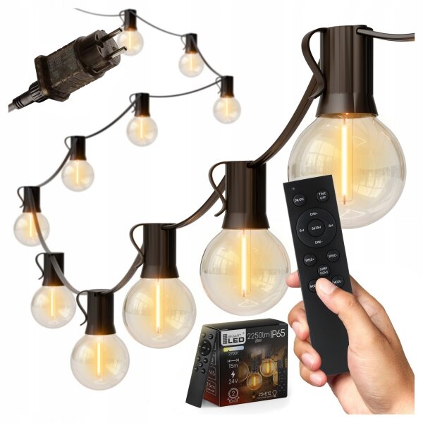 Catena luminosa da esterno a LED dimmerabile 25xE12/1W/24/230V 17,5 m IP65 nera + telecomando