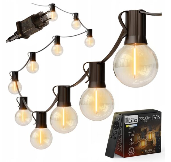 Catena luminosa da esterno a LED dimmerabile 25xE12/1W/24/230V 17,5 m IP65 nera + telecomando
