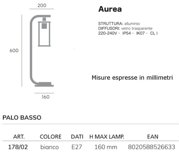 Lampioncino esterno moderno sovil aurea 178 02 bianco e27 led alluminio vetro lampada terra - Sovil Illuminazione