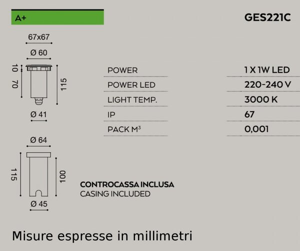 Faretto incasso acciaio gea led shally ges221c ip67 modulo led incasso terra quadrato calpestabile - Gea Led