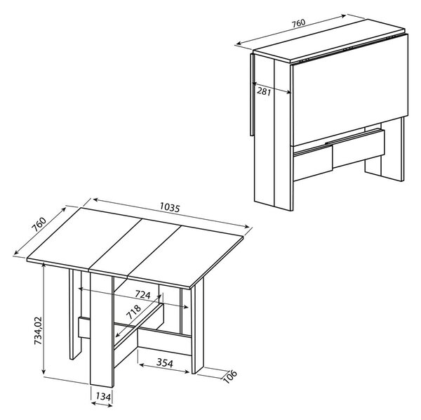 Tavolo da pranzo pieghevole con piano in rovere 76x28 cm Papillon - TemaHome