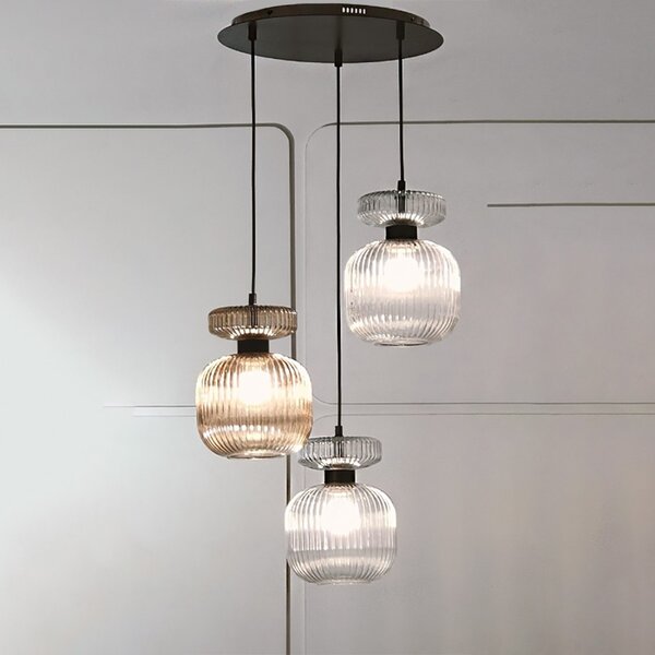 Lampadario moderno illuminando sp greta 3 p tr am e27 led vetro trasparente ambra sospensione lampada soffitto - Illuminando