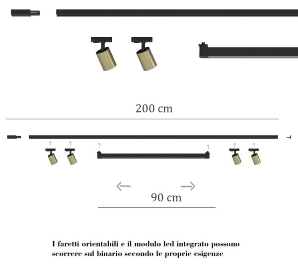 Binario top light mono mixkit 200 n or oro gu10 led modulo integrato 4000k faretti yari orientabili moderno classico - Top Light
