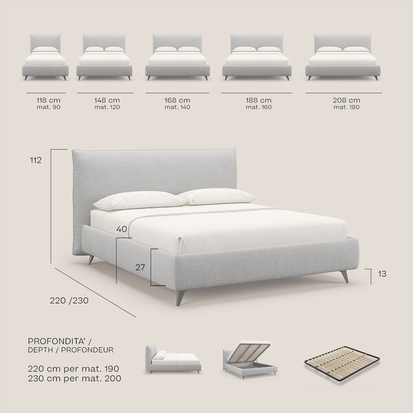 EROS letto imbottito in piuma con vano contenitore in pregiato e fresc