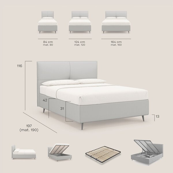 Greta letto contenitore dimensioni SLIM con testata trapuntata in ecop