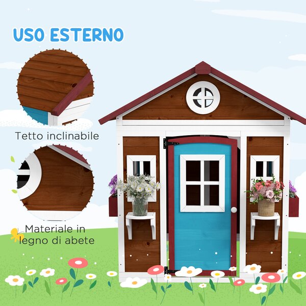 Outsunny Casetta per Bambini 3-8 Anni con Tetto Inclinabile, Vasi e Fioriere, in Legno di Abete, 114x126.4x135 cm|Aosom