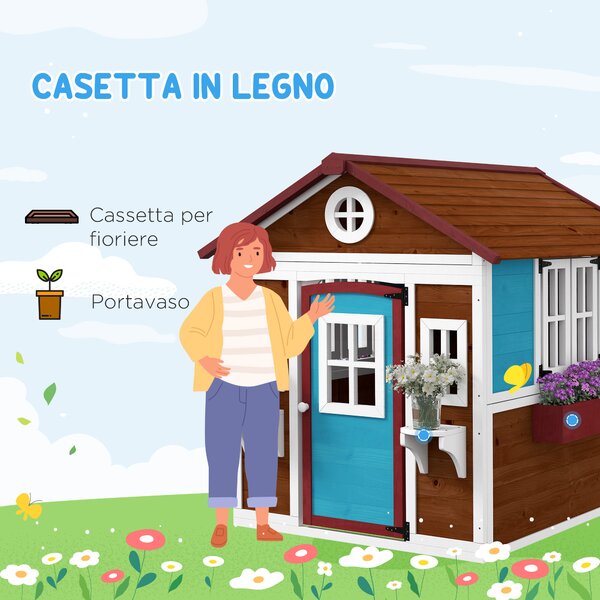 Outsunny Casetta per Bambini 3-8 Anni con Tetto Inclinabile, Vasi e Fioriere, in Legno di Abete, 114x126.4x135 cm|Aosom