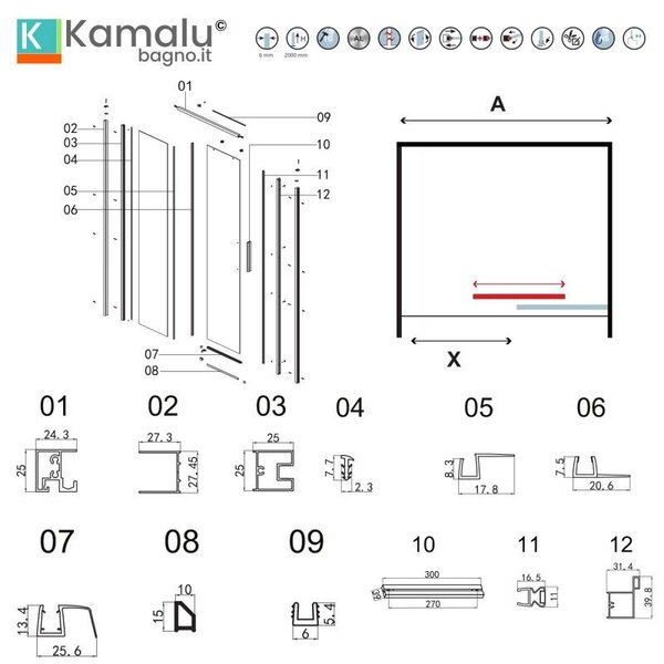 Porta doccia 100 cm scorrevole vetro 6mm altezza 200h | KLA4000C - KAMALU