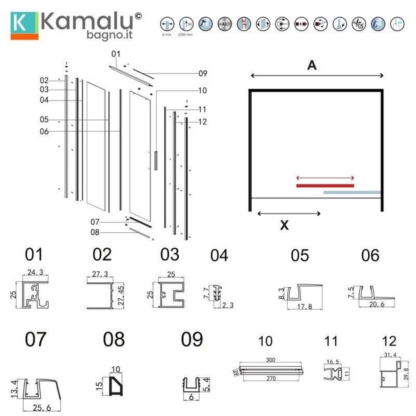 Kamalu porta doccia 110 cm oro spazzolato altezza 200h | kla4000g
