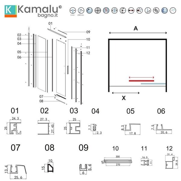 Kamalu porta doccia 100 cm colore nero vetro 6mm altezza 200h | kla4000n