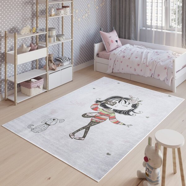 Tappeto per bambini per la camera di una bambina con una signora e un cane Larghezza: 140 cm | Lunghezza: 200 cm