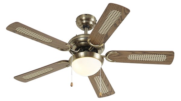 Ventilatore da soffitto ottone con stampa legno e rattan 105 cm con interruttore a tirante - Mistral Majas