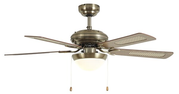 Ventilatore da soffitto ottone con stampa legno e rattan 105 cm con interruttore a tirante - Mistral Majas