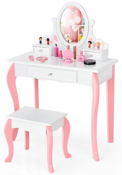 Costway Set tavolo toeletta e sgabello per bambini con specchio girevole a 360° e 3 cassetti, Tavolo da trucco Bianco