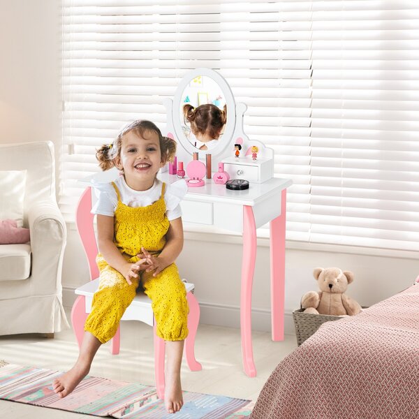 Costway Set tavolo toeletta e sgabello per bambini con specchio