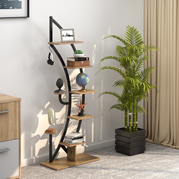 Costway Scaffale per piante in metallo alto a 7 livelli, Scaffale a forma di mezza luna curva con gancio superiore Nero