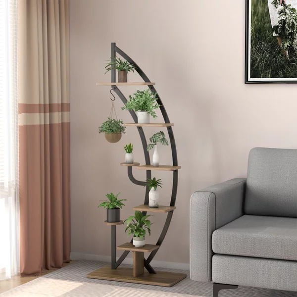 Costway Scaffale per piante in metallo alto a 7 livelli, Scaffale a forma di mezza luna curva con gancio superiore Nero