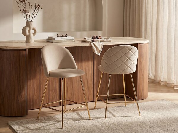 Sgabello da bar Velluto e Metallo Dorato Beige - Lotto di 2 - MELBOURNE
