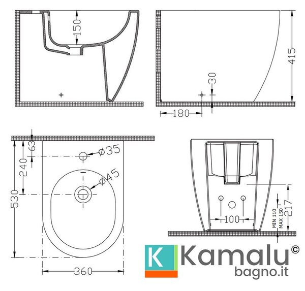 Kamalu sanitari a muro senza brida nelu-t