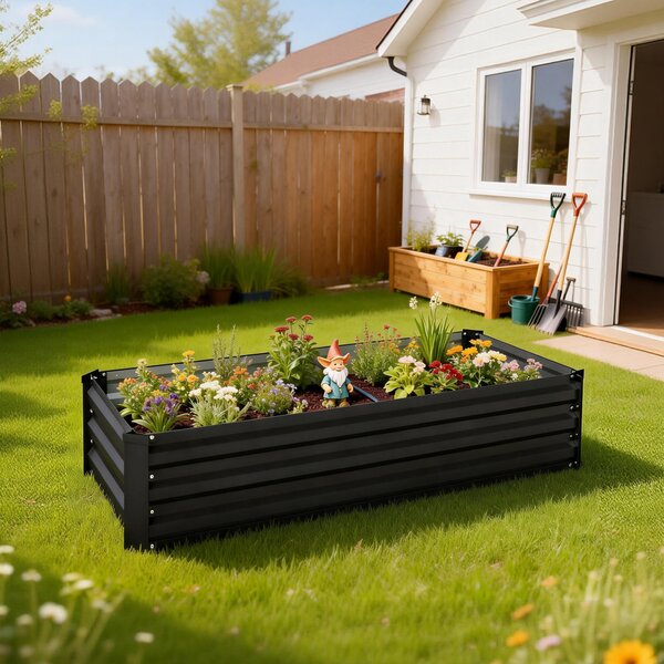 Outsunny Fioriera rettangolare orto da giardino in acciaio galvanizzato bordo di sicurezza e fondo aperto 150x70x30cm grigio scuro | Aosom Italy