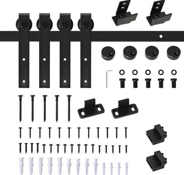 HOMCOM Kit Completo di Porta Scorrevole 200 cm, Sistema con Guida a Pavimento, Binario, Rulli e Ferramenta in Acciaio al Carbonio, per Doppia Porta Scorrevole | Aosom Italy