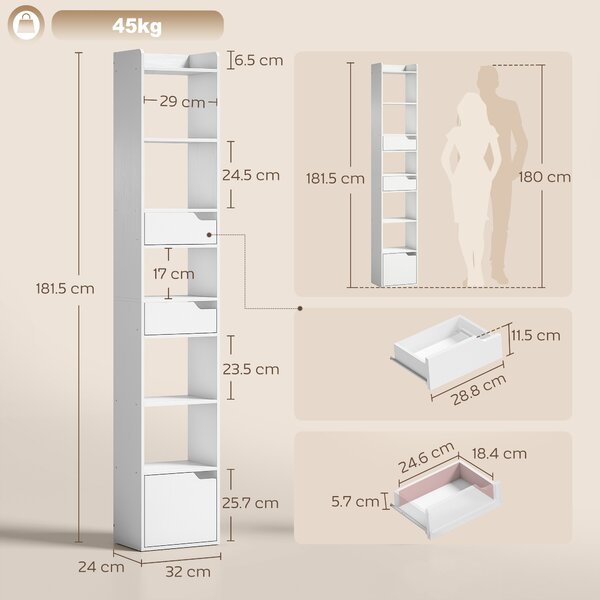 HOMCOM Scaffale per Libri con 2 Cassetti e Anta, Libreria Stretta con 6 Ripiani Aperti, 32x24x181,5 cm, Bianco | Aosom Italy