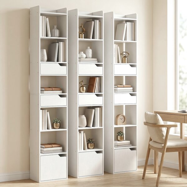 HOMCOM Scaffale per Libri con 2 Cassetti e Anta, Libreria Stretta con 6 Ripiani Aperti, 32x24x181,5 cm, Bianco | Aosom Italy